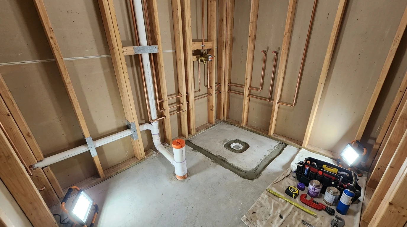 Bathroom rough-in plumbing during remodel by Johns Plumbing LLC in Jenkins