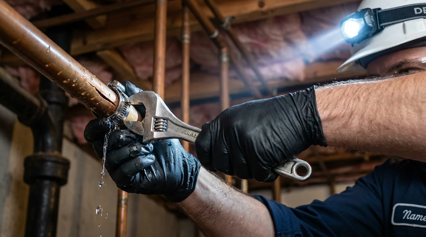 Emergency pipe clamp repair being performed by a Johns Plumbing LLC plumber in Jenkins