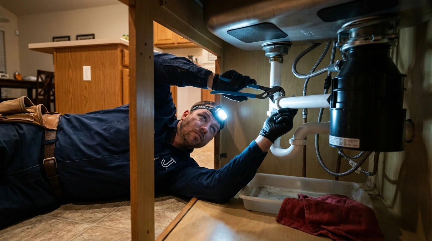 P-trap and supply line connections under a kitchen sink showing a common leak point in Jenkins, KY